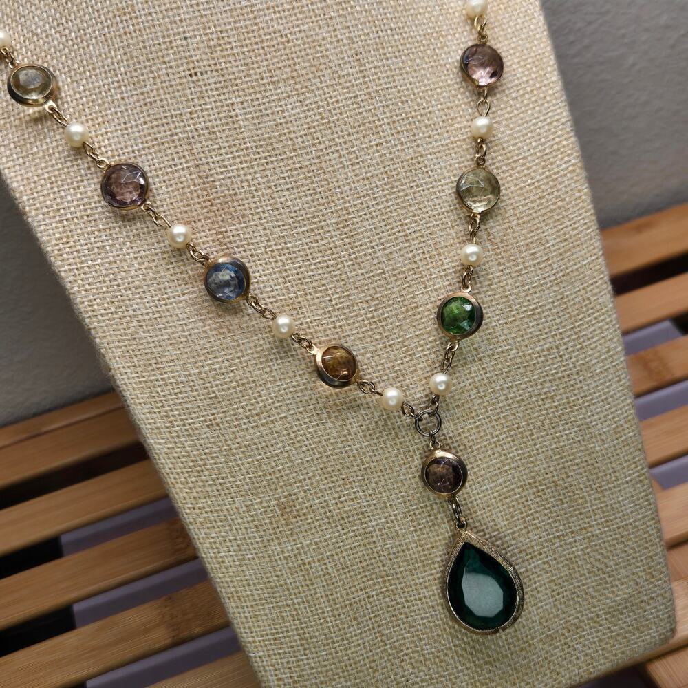 Vintage Swarovski Crystal Faux Pearl Station Pendant Necklace Gold Tone 24"